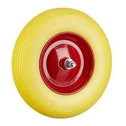 Produktbild: Relaxdays Schubkarrenrad Vollgummi mit Achse, 4.80 4.00-8 Gummirad, pannensicher, 100 kg Tragkraft Ersatzrad, gelb-rot, 39 x 39 x 9 cm