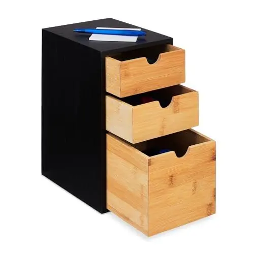 Produktbild: Relaxdays Schubladenbox, Bambus, 3 Schubladen, HxBxT: 28 x 17 x 21,5 cm, Schreibtisch Organizer, Büro, Natur/schwarz