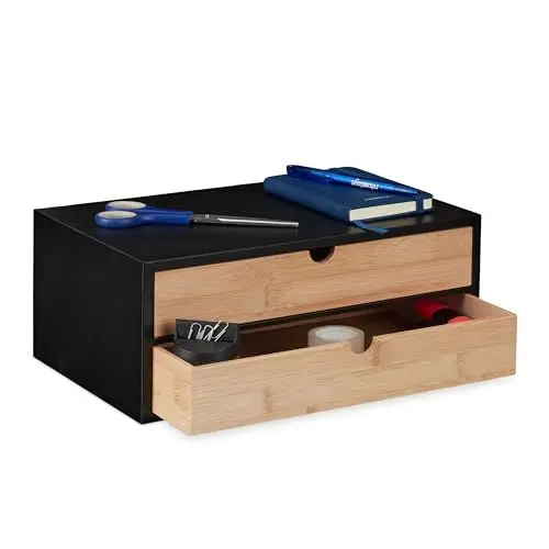 Produktbild: Relaxdays Schubladenbox, Bambus & MDF, Mini Kommode 2 Schubladen, HBT 14x33x21 cm, Schreibtisch Organizer, schwarz/Natur