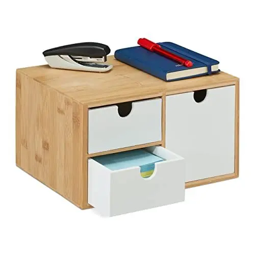 Produktbild: Relaxdays Schubladenbox, Bambus & MDF, Mini Kommode 3 Schubladen, HBT: 14,5x25x20 cm, Schreibtisch Organizer, Natur/weiß
