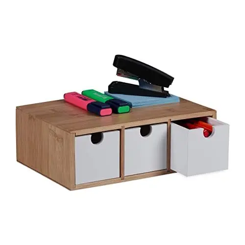 Produktbild: Relaxdays Schubladenbox, Bambus & MDF, Mini Kommode 3 Schubladen, HBT 9 x 26 x 18 cm, Schreibtisch Organizer, natur/weiß