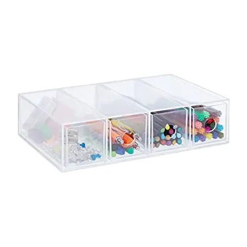Produktbild: Relaxdays Schubladenbox Kunststoff, HxBxT: 6 x 25 x 17,5 cm, Hoch-& Querformat, Schubladenelement 4 Fächer, transparent