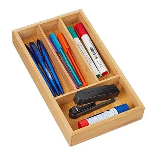 Produktbild: Relaxdays Schubladenorganizer aus Bambus, 4 Fächer, HxBxT: 4 x 16 x 28 cm, Schubladeneinsatz für Büro & Zuhause, Natur