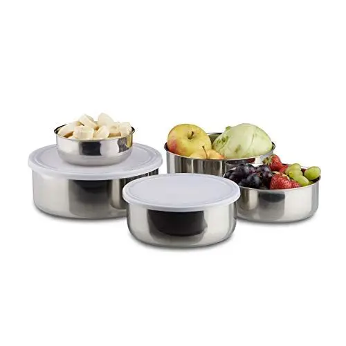 Produktbild: Relaxdays Schüssel Set, 5-teilig, Edelstahl, Kunststoffdeckel, Küche, Campingzubeghör, 5 verschiedene Größen, silber