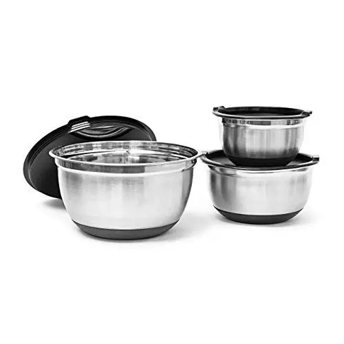 Produktbild: Relaxdays Schüssel Set BOWLY mit Deckel, HxBxT: ca. 14,5 x 25,5 x 25,5 cm, 3er Set, stapelbar, Edelstahl, silber-schwarz