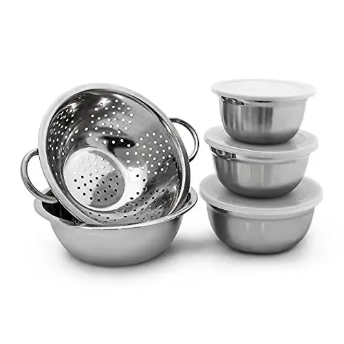 Produktbild: Relaxdays Schüssel Set aus Edelstahl, HxBxT: 10 x 24 x 30 cm, 5-teilig, stapelbar, Küchensieb, Frischhaltedose, silber