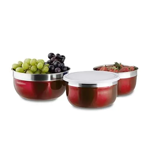 Produktbild: Relaxdays Schüssel Set mit Deckel, 3-teilig, unterschiedlich groß, Edelstahl, Küchenschüsseln, Vorrat, Camping, rot, 8.5 x 8.5 x 9.2 cm