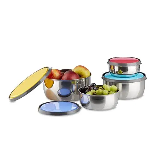 Produktbild: Relaxdays Schüssel Set mit Deckel, 4-teilig, verschieden groß, Edelstahl, Aromaschutz, Kunststoff, Küche, Camping, bunt