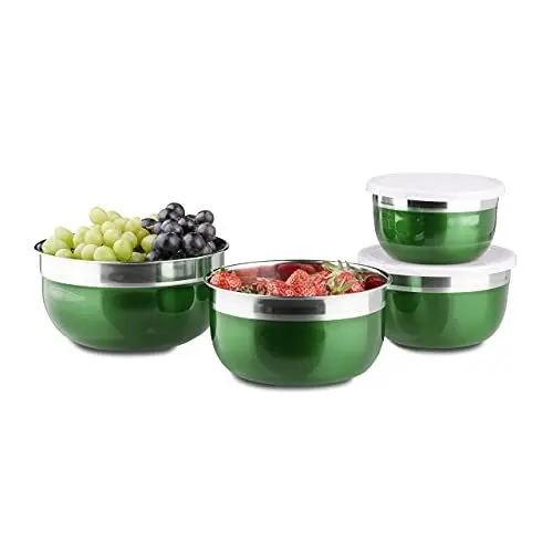 Produktbild: Relaxdays Schüssel Set mit Deckel, Edelstahl, verschiedene Größen, 4-teilig, Camping, HBT: 9 x 18,4 x 18,4 cm, grün