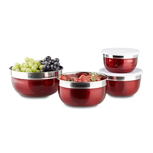 Produktbild: Relaxdays Schüssel Set mit Deckel, Edelstahl, verschiedene Größen, 4-teilig, Camping, HBT: 9 x 18,4 x 18,4 cm, rot