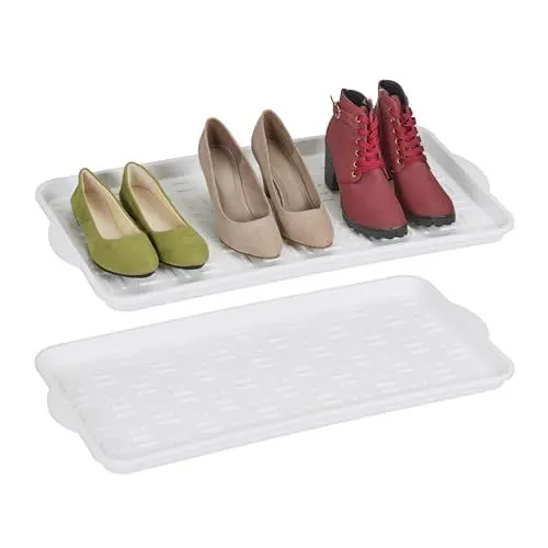 Produktbild: Relaxdays Schuhabtropfschale 2er Set, Kunststoff, Schuhablage 3 Paar Schuhe, Schuhabsteller, HBT 3,5 x 74 x 36 cm, weiß