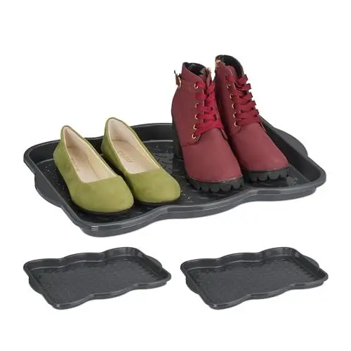 Produktbild: Relaxdays Schuhabtropfschale 3er Set, Kunststoff, Schuhablage 2 Paar Schuhe, Schuhabsteller, HBT: 3 x 48 x 34 cm, grau