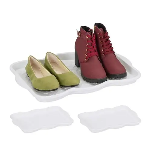 Produktbild: Relaxdays Schuhabtropfschale 3er Set, Kunststoff, Schuhablage 2 Paar Schuhe, Schuhabsteller, HBT: 3 x 48 x 34 cm, weiß