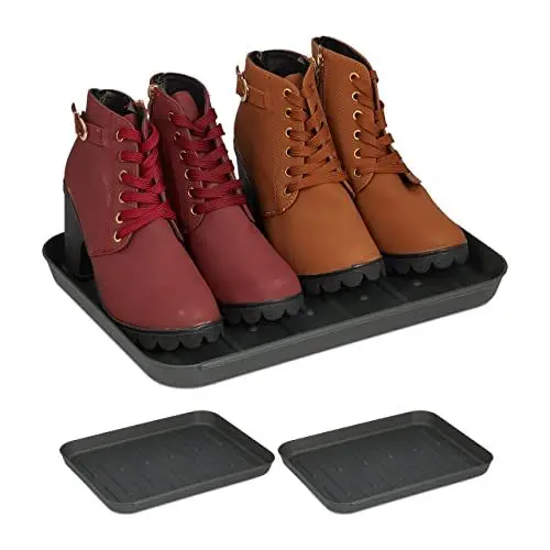 Produktbild: Relaxdays Schuhabtropfschale, 3er Set, Unterlage für nasse Schuhe, HBT: 3 x 35 x 27 cm, Schuhablage Kunststoff, grau