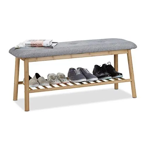 Produktbild: Relaxdays Schuhbank Bambus f. 4 Paar Schuhe, gepolsterte Sitzbank f. 2 Personen, gemütliche Garderobenbank, natur-grau, 36 x 100 x 45 cm