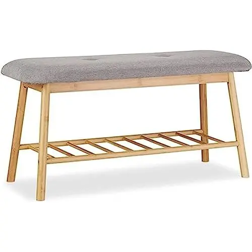 Produktbild: Relaxdays Schuhbank Bambus für 2 Personen, Polsterbank mit Schuhablage für 4 Paar Schuhe, bequeme Sitzbank, natur-grau, 34 x 90 x 44 cm