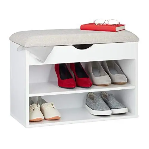 Produktbild: Relaxdays Schuhbank, gepolsterte Garderobenbank, 3 Fächer, aufklappbar, Schuhregal mit Sitzfläche, 45 x 62 x 30 cm, weiß, 1 Stück 10029598