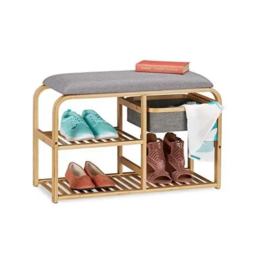 Produktbild: Relaxdays Schuhbank mit Sitzfläche, gepolstert, Flur & Garderobe, schmal, Bambus Sitzbank HxBxT: 45x69x30 cm, grau/natur