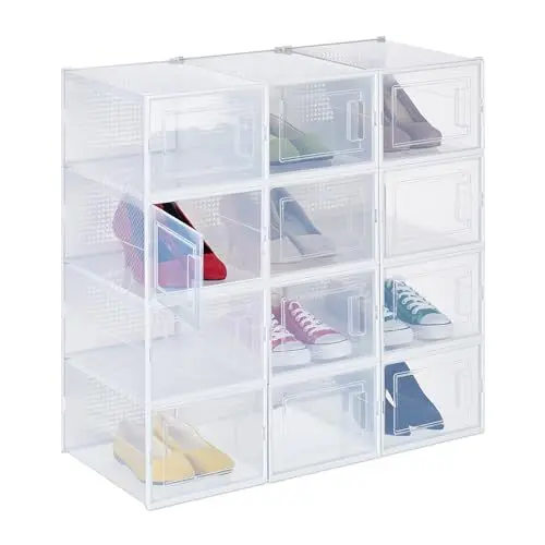 Produktbild: Relaxdays Schuhboxen 12er Pack, mit Tür, Schuhorganizer, stapelbar, Schuhe bis Größe 47, Lüftungsschlitze, transparent