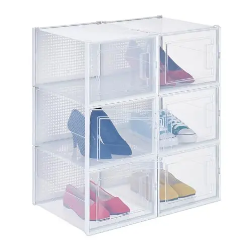 Produktbild: Relaxdays Schuhboxen 6er Pack, mit Tür, Schuhorganizer, stapelbar, Schuhe bis Größe 48, Lüftungsschlitze, transparent