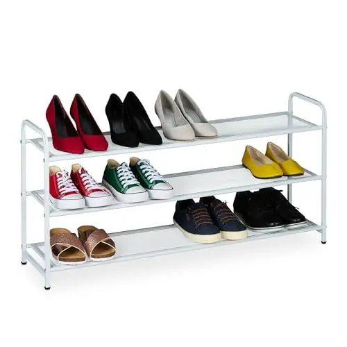 Produktbild: Relaxdays Schuhregal, 12 Paar Schuhe, 3 Ablagen, H x B x T: 48 x 100 x 25,5 cm, Metall, schmal, Schuhablage Flur, weiß