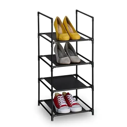 Produktbild: Relaxdays Schuhregal, 4 Ebenen, HBT: 72x33x33 cm, Metall Schuhablage, Stoff Ablage, schmales Schuhgestell, schwarz/grau