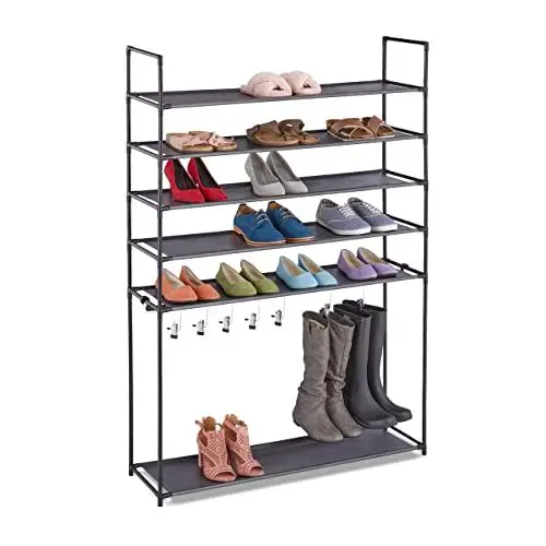 Produktbild: Relaxdays Schuhregal 6 Ebenen, Stecksystem, 20 Paar Schuhe, 7 Stiefelhaken, Metall & Stoff, Flur Schuhablage, schwarz