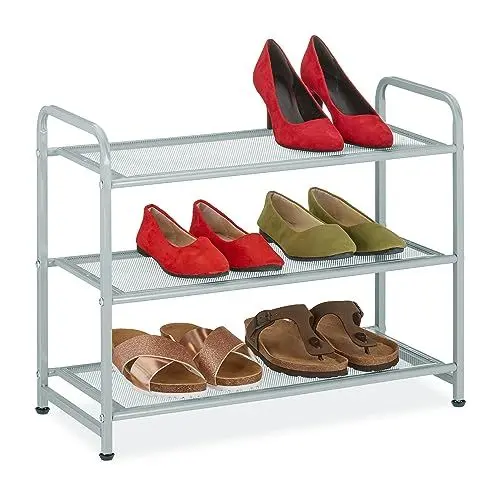 Produktbild: Relaxdays Schuhregal, 6 Paar Schuhe, HBT: 48x60x25 cm, Metall Schuhablage, schmal, 3 Ablagen, Flur Schuhgestell, Silber, Stahl
