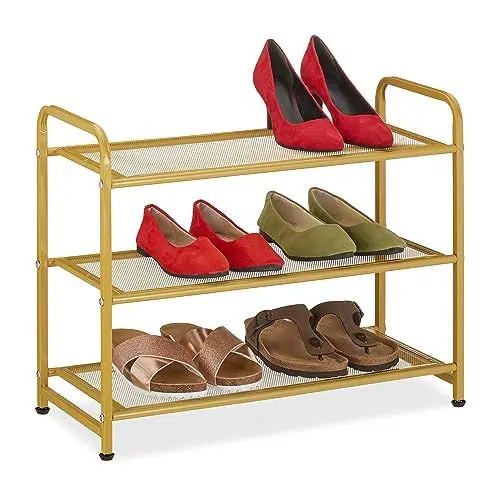 Produktbild: Relaxdays Schuhregal, 6 Paar Schuhe, HxBxT: 48x60x25 cm, Metall Schuhablage, schmal, 3 Ablagen, Flur Schuhgestell, Gold, Stahl