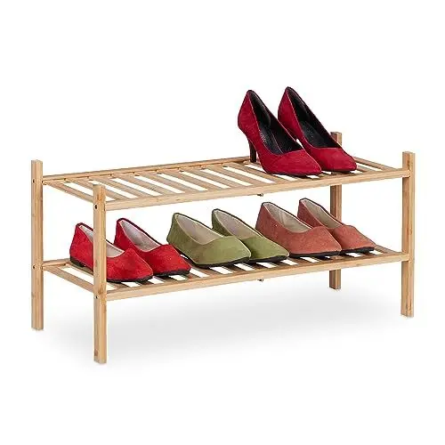 Produktbild: Relaxdays Schuhregal, Bambus, 6 Paar Schuhe, HxBxT: 32 x 68,5 x 28 cm, mit 2 Ablagen, schmal, Schuhständer Flur, Natur