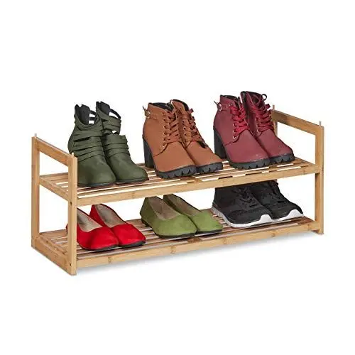 Produktbild: Relaxdays Schuhregal Bambus stapelbar, Schuhablage mit 2 Ebenen, bis 6 Paar Schuhe, Flur, HBT 29,5 x 72,5 x 27 cm, Natur