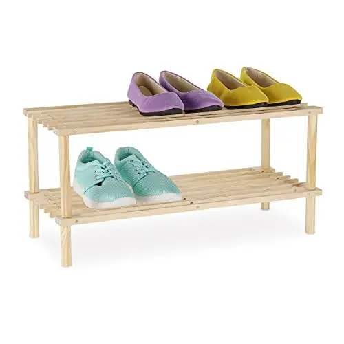 Produktbild: Relaxdays Schuhregal Holz, schmaler Schuhständer mit 2 Ebenen, bis zu 4 Paar Schuhe, H x B x T: 29,5 x 63 x 26 cm, Natur