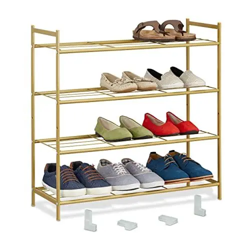 Produktbild: Relaxdays Schuhregal, Metall, mit 4 Ebenen, stapelbar, erweiterbar, HBT 70 x 70 x 26 cm, für bis zu 12 Paar Schuhe, gold