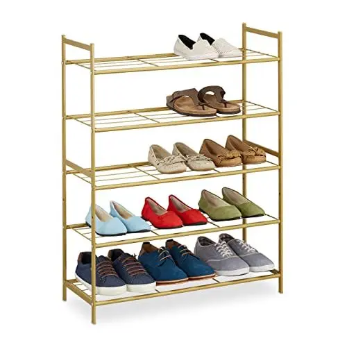 Produktbild: Relaxdays Schuhregal, Metall, mit 5 Ebenen, stapelbar, erweiterbar, HBT 90 x 70 x 26 cm, für bis zu 15 Paar Schuhe, gold