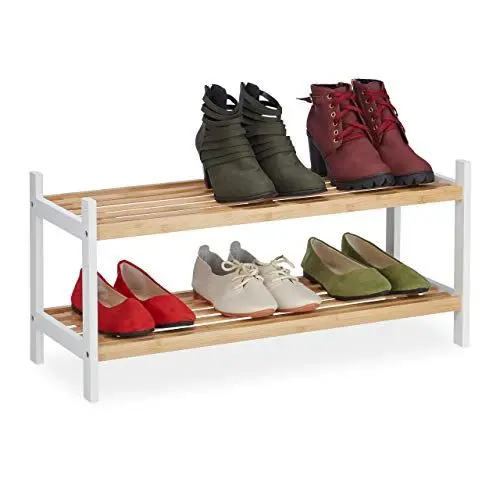 Produktbild: Relaxdays Schuhregal, Schuhablage mit 2 Ebenen, bis 6 Schuhpaare, Bambus & Birkenholz, HxBxT 33 x 70 x 26 cm, Natur/weiß