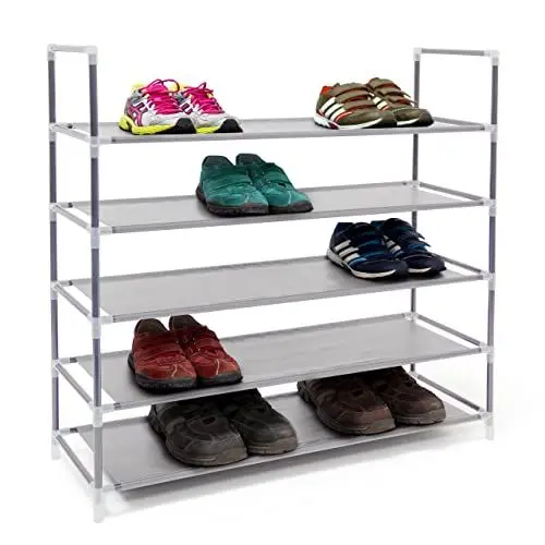 Produktbild: Relaxdays Schuhregal Stecksystem, 5 Ebenen, Schuhablage f. 20 Paar Schuhe, Metall & Stoff, HBT 90,5 x 87 x 29,5 cm, grau