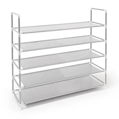 Produktbild: Relaxdays Schuhregal Stecksystem, 5 Ebenen, Schuhablage f. 20 Paar Schuhe, Metall & Stoff, HBT 90,5 x 87 x 29,5 cm, weiß