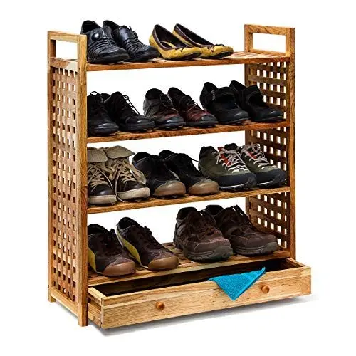 Produktbild: Relaxdays Schuhregal Walnuss H x B x T: 81 x 70 x 27 cm Schuhablage mit Schublade 4 Böden für je 3 Paar Schuhe Holz Schuhschrank mit Griffen zum Tragen und Schubfach zum Ausziehen, geölt, natur
