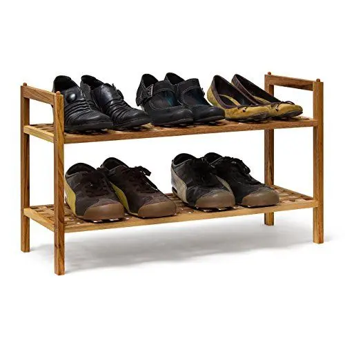 Produktbild: Relaxdays Schuhregal Walnuss stapelbar H x B x T: 40,5 x 69 x 26 cm Schuhablage mit 2 Ablagen für ca. 6 Paar Schuhe Holz Schuhrschrank zum aufeinander stellen aus Nuss, natur braun