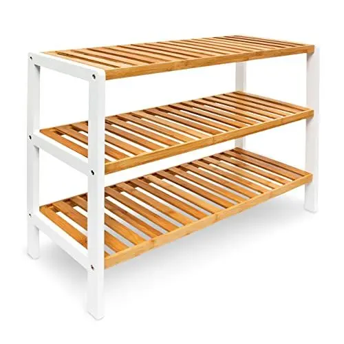 Produktbild: Relaxdays Schuhregal aus Bambus HxBxT: ca. 54,5 x 70 x 24,5 cm Schuhschrank mit 3 Ablagen Schuhablage für 9 Paar Schuhe als Schuhständer und Schuhaufbewahrung aus Holz stabiles Regal, natur und weiß
