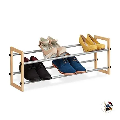 Produktbild: Relaxdays Schuhregal ausziehbar, offener Schuhständer mit 2 Ebenen, Holz & Eisen, erweiterbar bis 118 cm Breite, Natur, Hellbraun