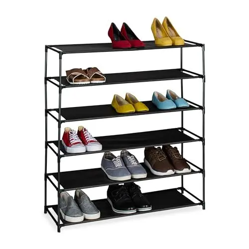 Produktbild: Relaxdays Schuhregal, mit 6 Ebenen, Metall Schuhablage, Stoff Ablage, Schuhgestell für den Flur, Schuhständer, schwarz