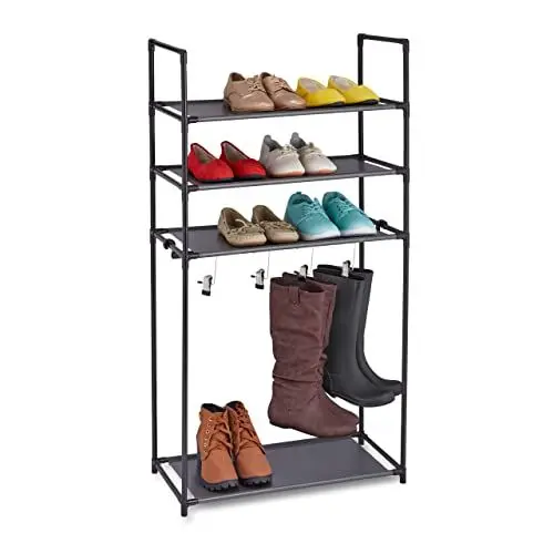 Produktbild: Relaxdays Schuhregal mit Stiefelfach, 16 Paar Schuhe, Stecksystem 4 Ebenen, 4 Stiefelklammern, Flur & Diele, schwarz, 119 x 60 x 30 cm