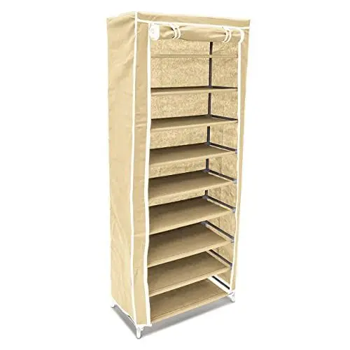 Produktbild: Relaxdays Schuhschrank H x B x T: ca. 151 x 60 x 30 cm Faltschrank Textil für 36 Paar Schuhe Stoffschrank mit 9 Ablagen Stoffschuhschrank schützt vor Staub und Nässe Schuhablage zum Falten, beige