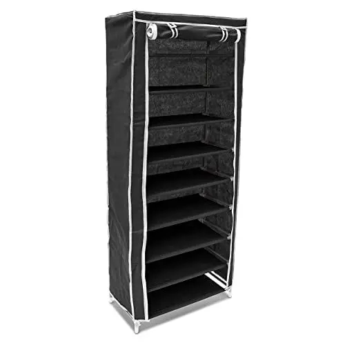 Produktbild: Relaxdays Schuhschrank H x B x T: ca. 151 x 60 x 30 cm Faltschrank Textil für 36 Paar Schuhe Stoffschrank mit 9 Ablagen Stoffschuhschrank schützt vor Staub und Nässe Schuhablage zum Falten, schwarz