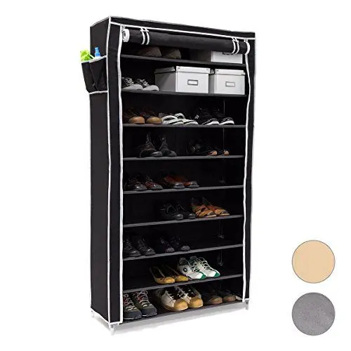 Produktbild: Relaxdays Schuhschrank VALENTIN hoch HxBxT: 161 x 88 x 30 cm Schuhregal mit Stoffbezug und 10 Ablagen Stoffschrank mit Reißverschluss für staubfreie Lagerung Schuhständer für 45 Paar Schuhe, anthrazit