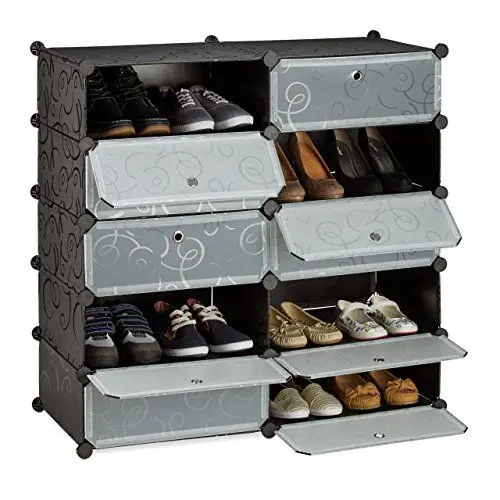 Produktbild: Relaxdays Schuhschrank mit 10 Fächern, Schuhregal groß, Steckregal Kunststoff, DIY, HxBxT ca. 90 x 94 x 37 cm, schwarz