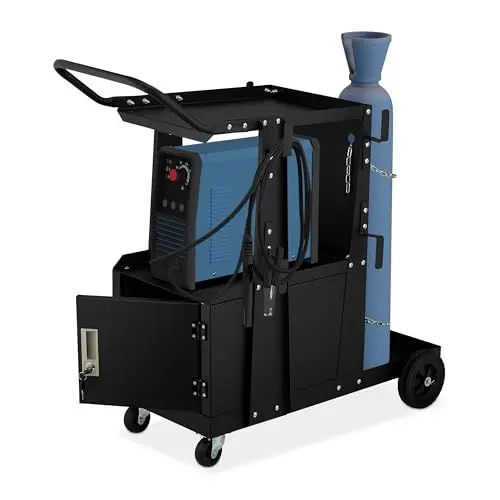 Produktbild: Relaxdays Schweißwagen, 3 Ablagen, Tür, Stellplatz für Gasflasche, Schweißgerätewagen, 110 kg, HBT: 89x47x97 cm, schwarz