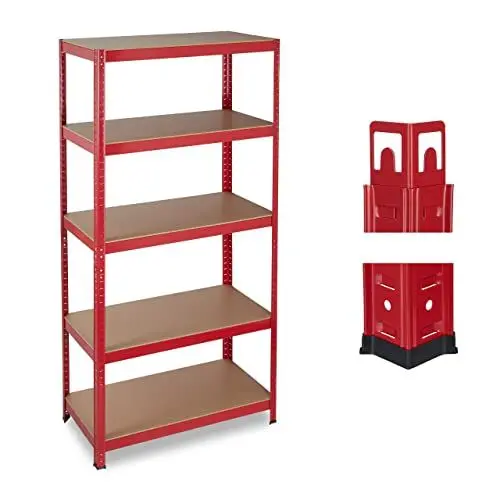 Produktbild: Relaxdays Schwerlastregal, Traglast 875 kg, 5 Ebenen, zum Stecken, Keller, Garage, HxBxT: 180x90x45 cm, Stahl, MDF, rot