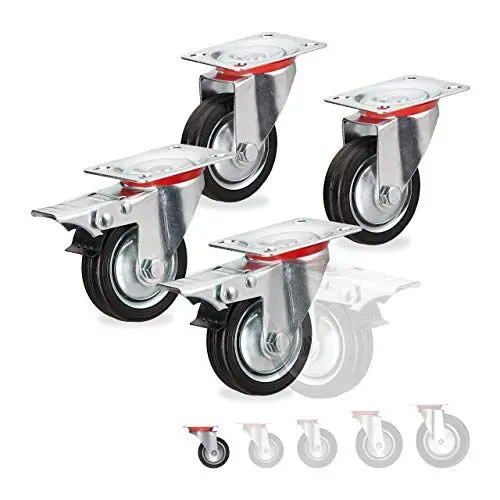 Produktbild: Relaxdays Schwerlastrollen 4er Set, drehbar, Kugellager, 2 Rollen mit Bremse, Tragkraft bis 200kg, Rad D: 75 mm, schwarz